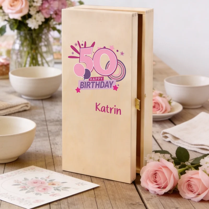 Personalisiertes Bree-Weinset 50. Geburtstag Glas und Holzbox als Geschenk