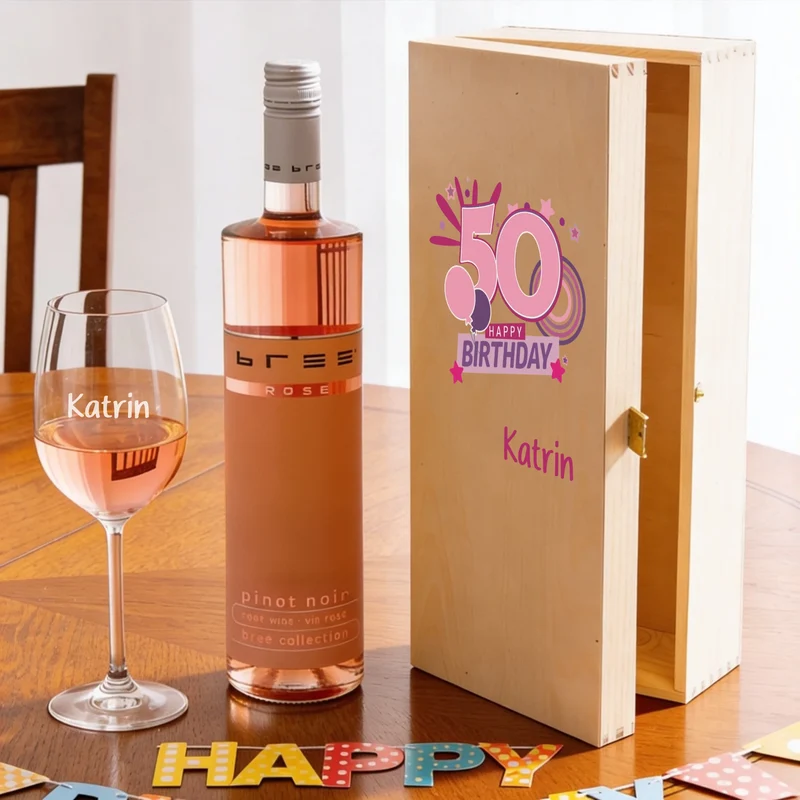 Personalisiertes Bree-Weinset 50. Geburtstag Glas und Holzbox als Geschenk
