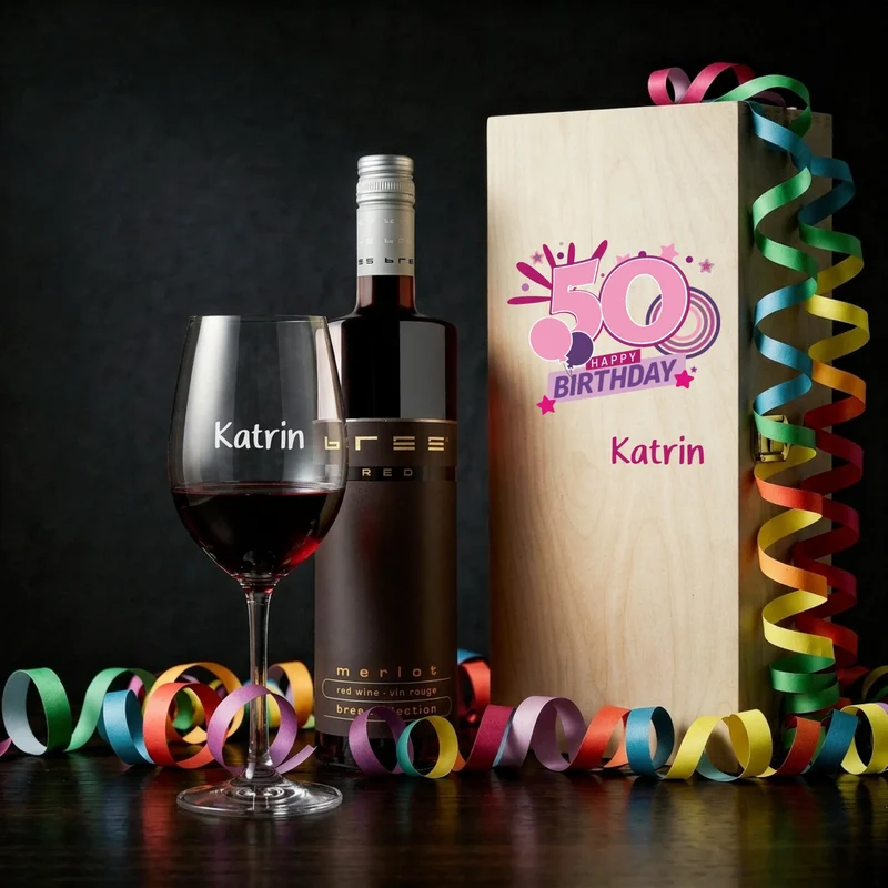 Personalisiertes Bree-Weinset 50. Geburtstag Glas und Holzbox als Geschenk