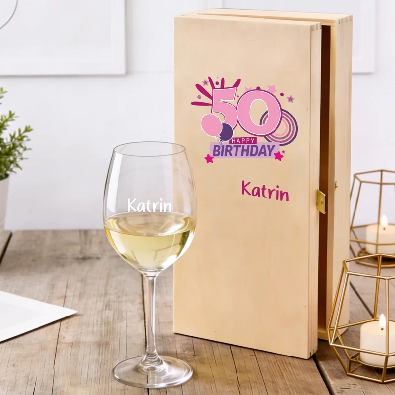 Personalisiertes Bree-Weinset 50. Geburtstag Glas und Holzbox als Geschenk