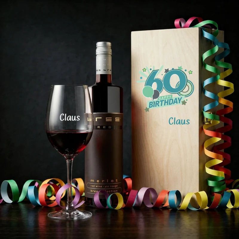 Bree-Weinset Glas und Holzbox zum Geburtstag personalisiert