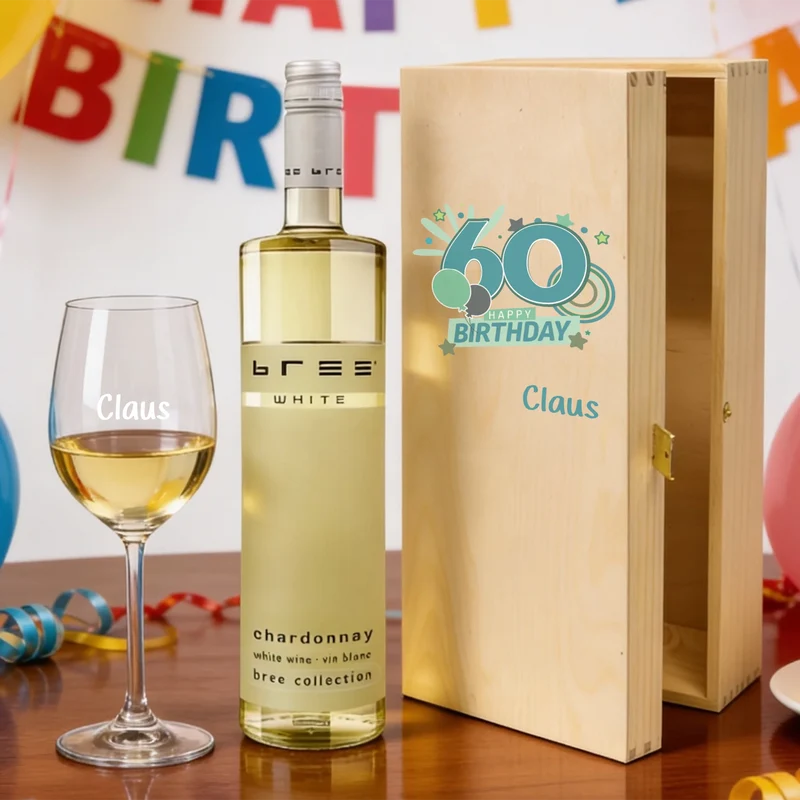 Bree-Weinset Glas und Holzbox zum Geburtstag personalisiert