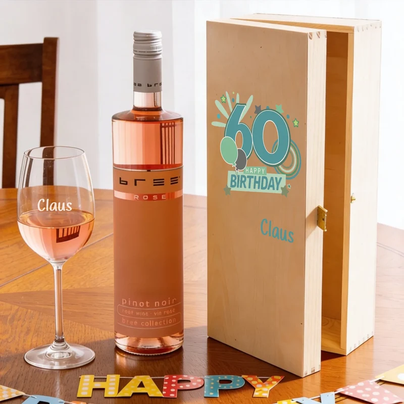 Bree-Weinset Glas und Holzbox zum Geburtstag personalisiert