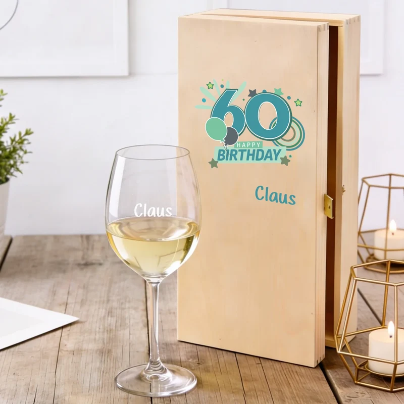 Bree-Weinset Glas und Holzbox zum Geburtstag personalisiert