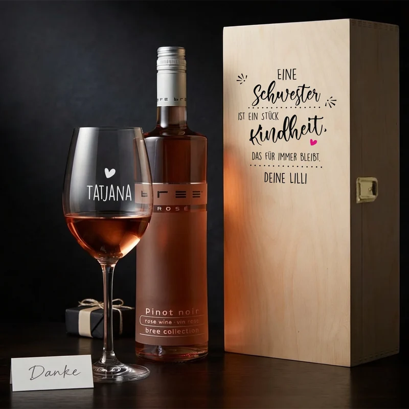Weinset mit Holzkiste, Bree und individuell graviertem Glas für deine Schwester