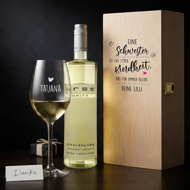 Weinset mit Holzkiste, Bree und individuell graviertem Glas für deine Schwester