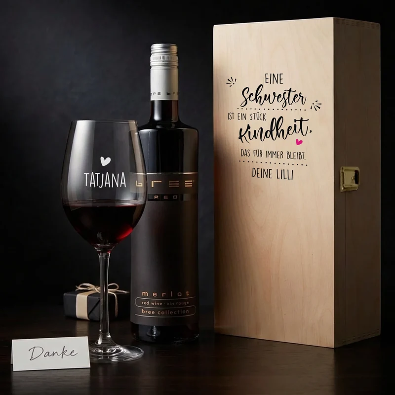 Weinset mit Holzkiste, Bree und individuell graviertem Glas für deine Schwester