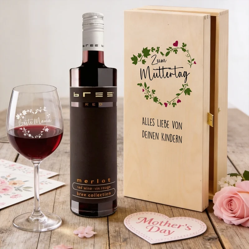 Personalisiertes Bree-Weinset mit Glas und Holzbox als Geschenk zum Muttertag
