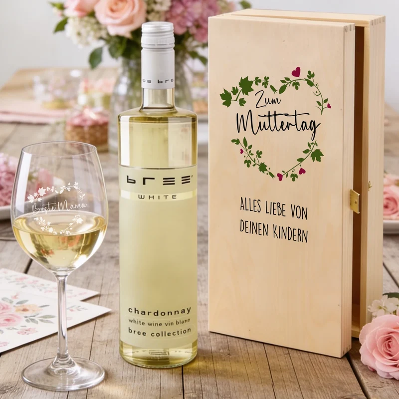 Personalisiertes Bree-Weinset mit Glas und Holzbox als Geschenk zum Muttertag