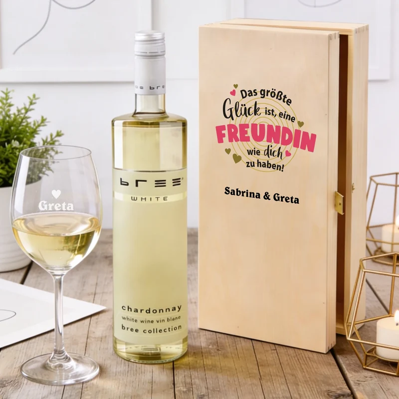 Bree-Weinset mit bedruckter Holzkiste und graviertem Glas für die Freundin