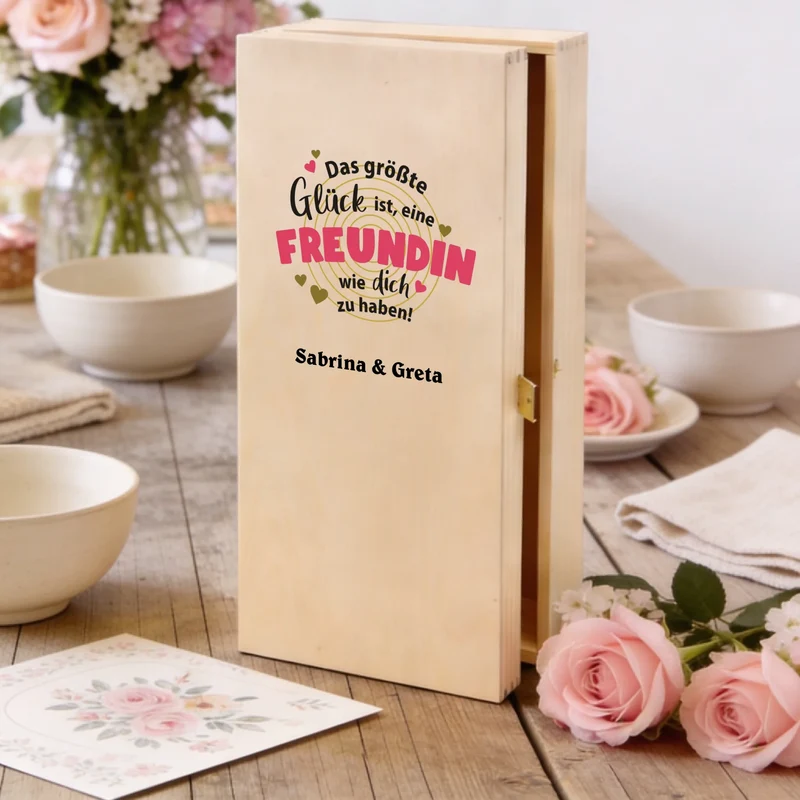 Bree-Weinset mit bedruckter Holzkiste und graviertem Glas für die Freundin