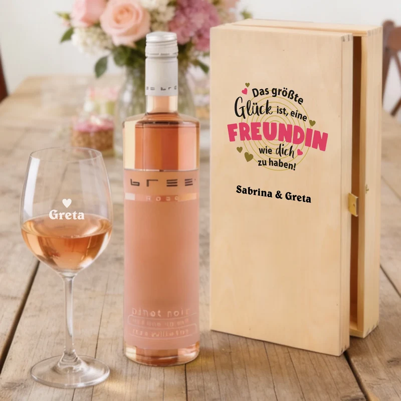 Bree-Weinset mit bedruckter Holzkiste und graviertem Glas für die Freundin