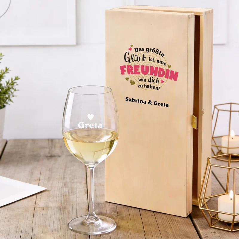 Bree-Weinset mit bedruckter Holzkiste und graviertem Glas für die Freundin