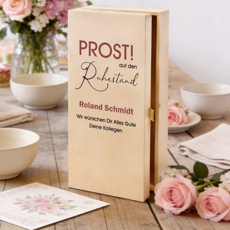 Bree-Weinset mit bedruckter Holzkiste und graviertem Glas als Geschenk zum Ruhestand