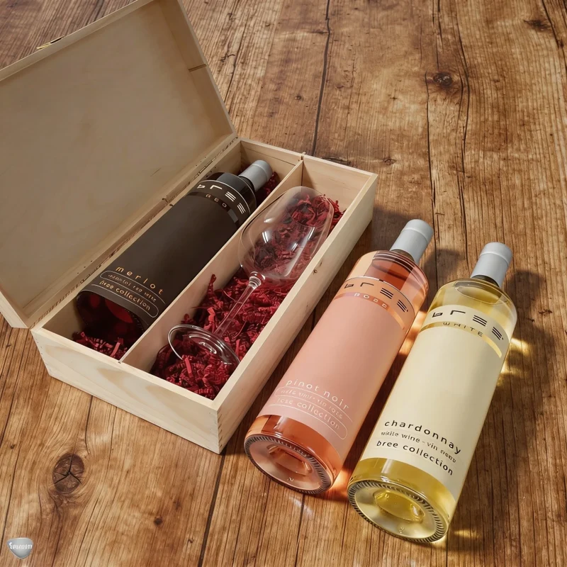 Bree-Weinset mit bedruckter Holzkiste und graviertem Glas als Geschenk zum Ruhestand