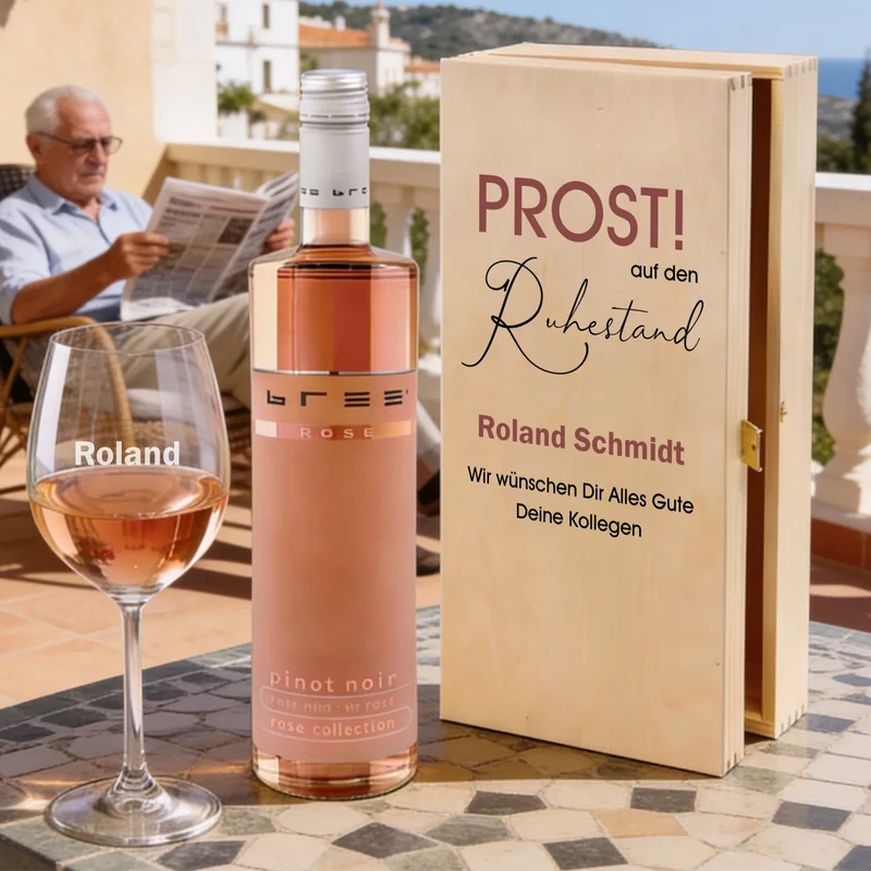 Bree-Weinset mit bedruckter Holzkiste und graviertem Glas als Geschenk zum Ruhestand