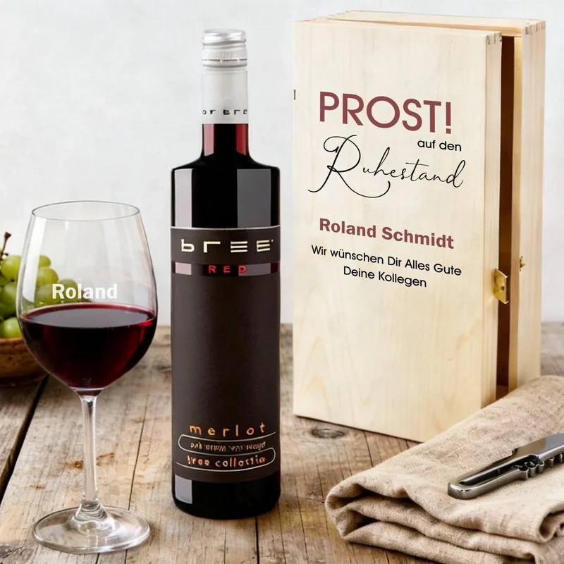Bree-Weinset mit bedruckter Holzkiste und graviertem Glas als Geschenk zum Ruhestand