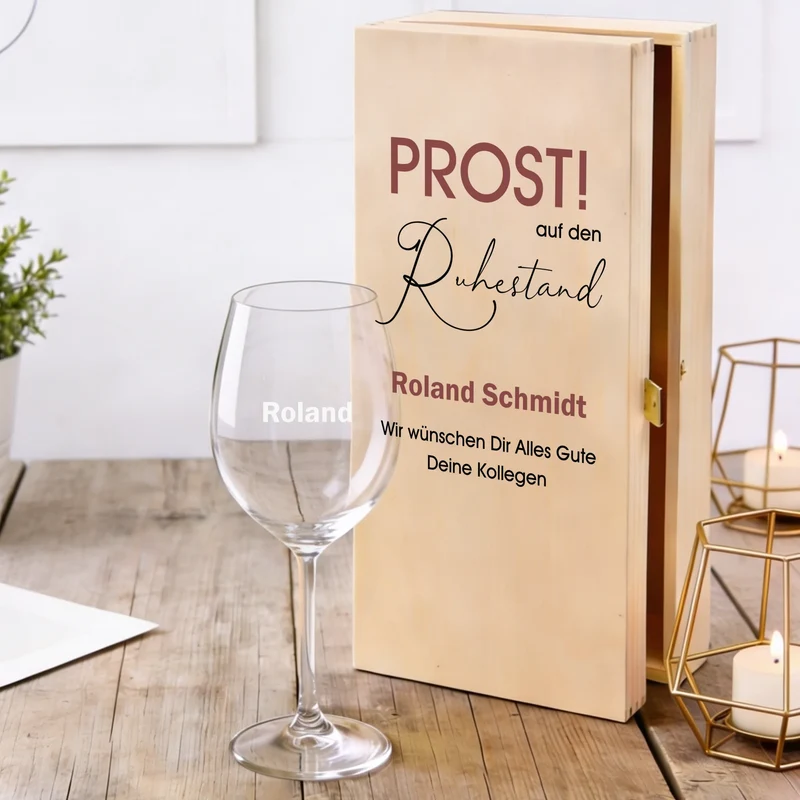 Bree-Weinset mit bedruckter Holzkiste und graviertem Glas als Geschenk zum Ruhestand