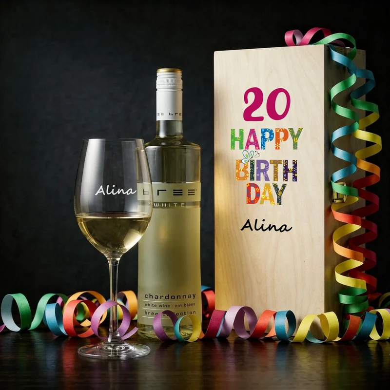 Personalisiertes Bree-Weinset Glas und Holzbox als Geburtstagsgeschenk