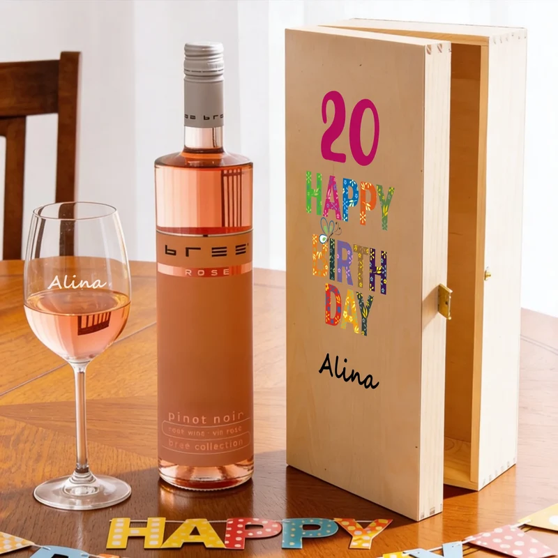 Personalisiertes Bree-Weinset Glas und Holzbox als Geburtstagsgeschenk