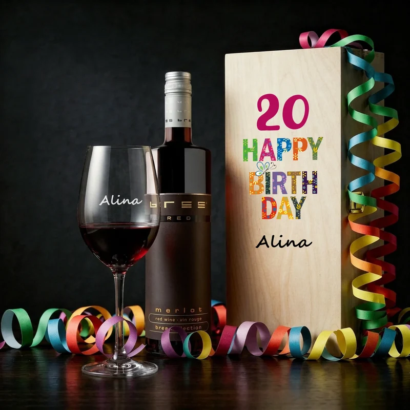 Personalisiertes Bree-Weinset Glas und Holzbox als Geburtstagsgeschenk