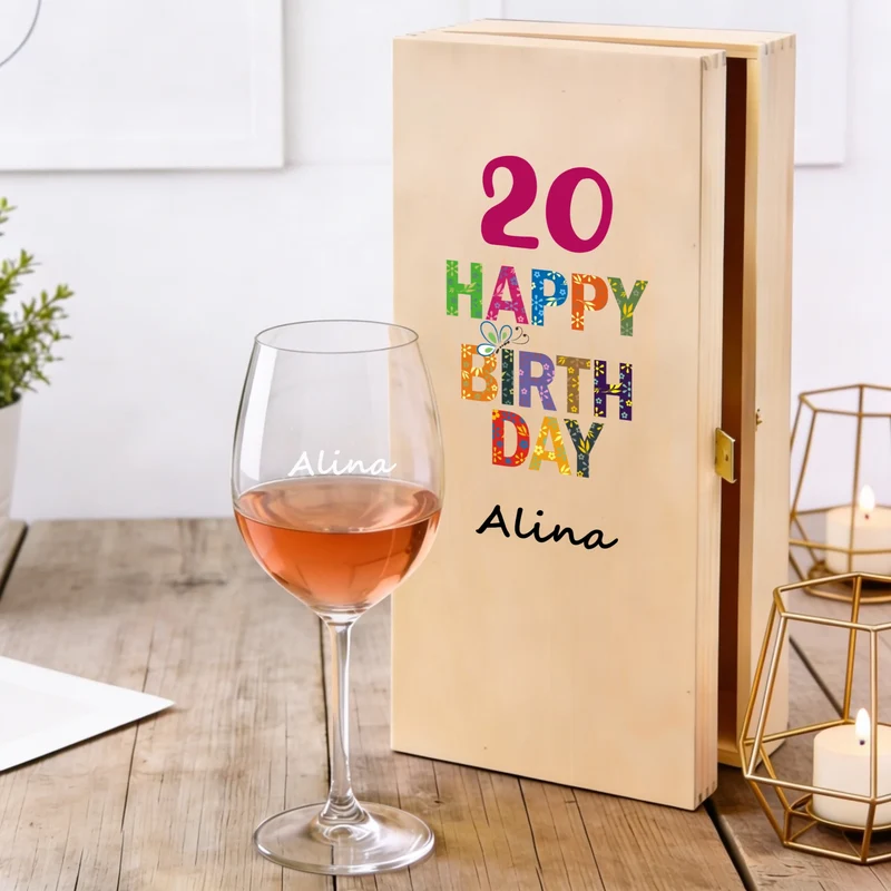 Personalisiertes Bree-Weinset Glas und Holzbox als Geburtstagsgeschenk