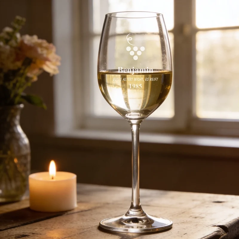 Individuelles Bree-Weinset zum Geburtstag mit bedruckter Holzkiste und graviertem Glas