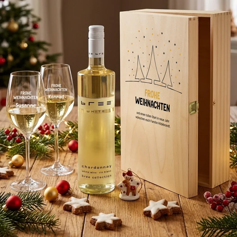 Personalisiertes Bree-Weinset mit Gläsern und Holzbox als Weihnachtsgeschenk