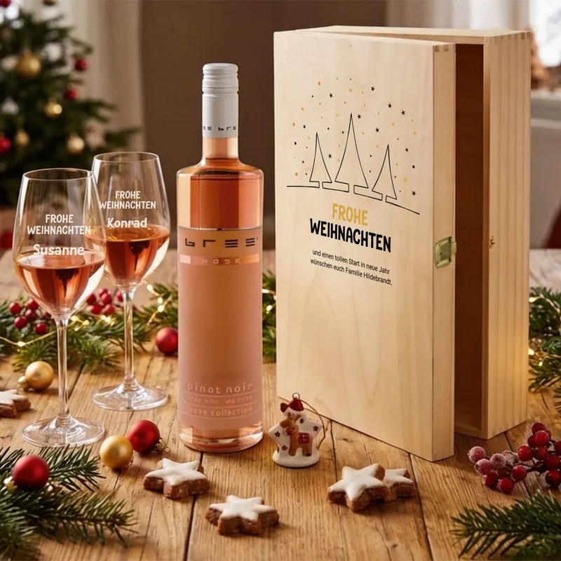 Personalisiertes Bree-Weinset mit Gläsern und Holzbox als Weihnachtsgeschenk