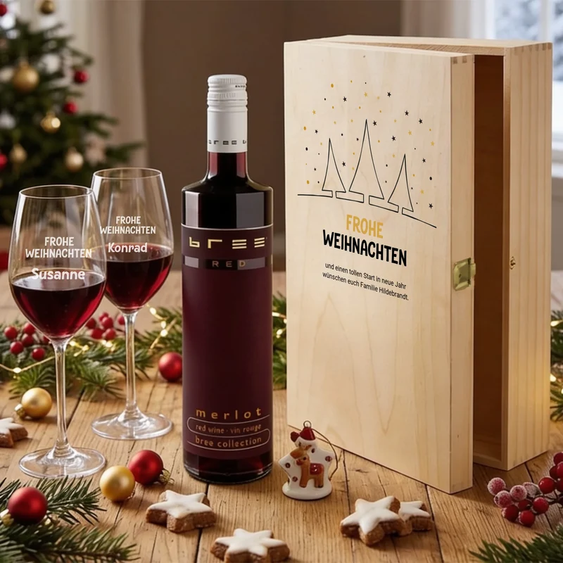 Personalisiertes Bree-Weinset mit Gläsern und Holzbox als Weihnachtsgeschenk