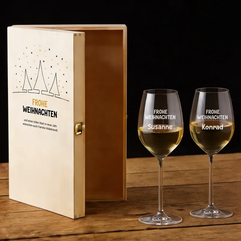 Personalisiertes Bree-Weinset mit Gläsern und Holzbox als Weihnachtsgeschenk