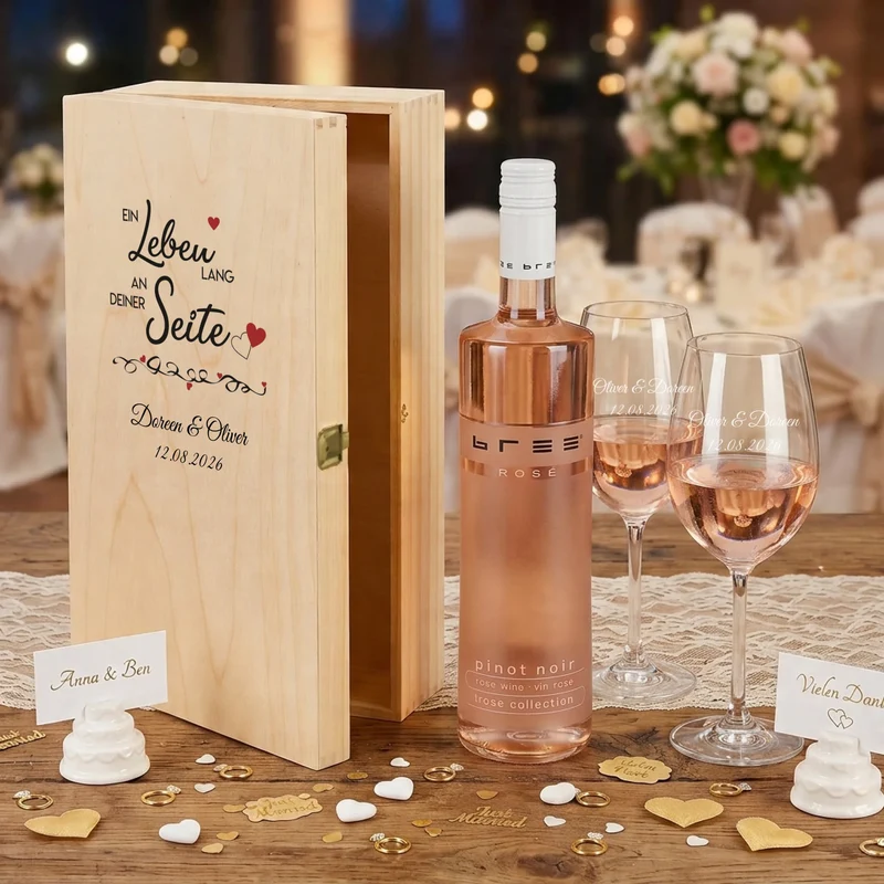 Wunderschönes Bree-Weinset "Ein Leben lang" mit gravierten Gläsern und bedruckter Holzbox