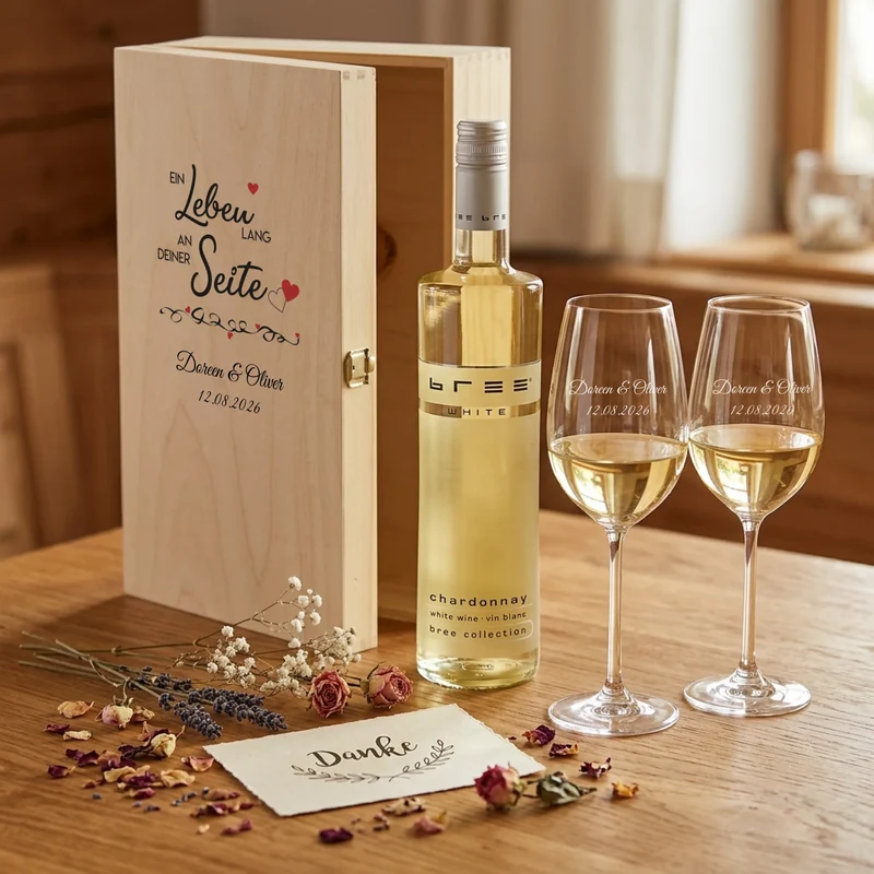 Wunderschönes Bree-Weinset "Ein Leben lang" mit gravierten Gläsern und bedruckter Holzbox