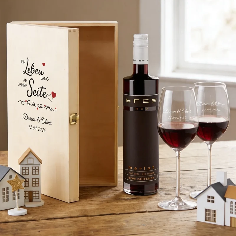 Wunderschönes Bree-Weinset "Ein Leben lang" mit gravierten Gläsern und bedruckter Holzbox