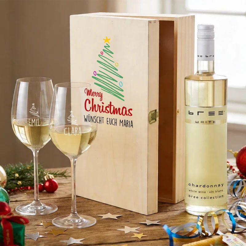 Bree-Weinset als Geschenk zu Weihnachten mit Gläsern und Holzbox