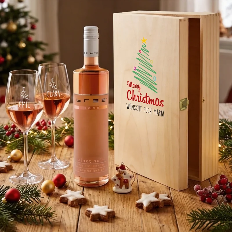 Bree-Weinset als Geschenk zu Weihnachten mit Gläsern und Holzbox