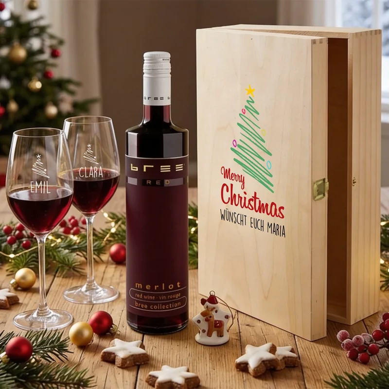Bree-Weinset als Geschenk zu Weihnachten mit Gläsern und Holzbox