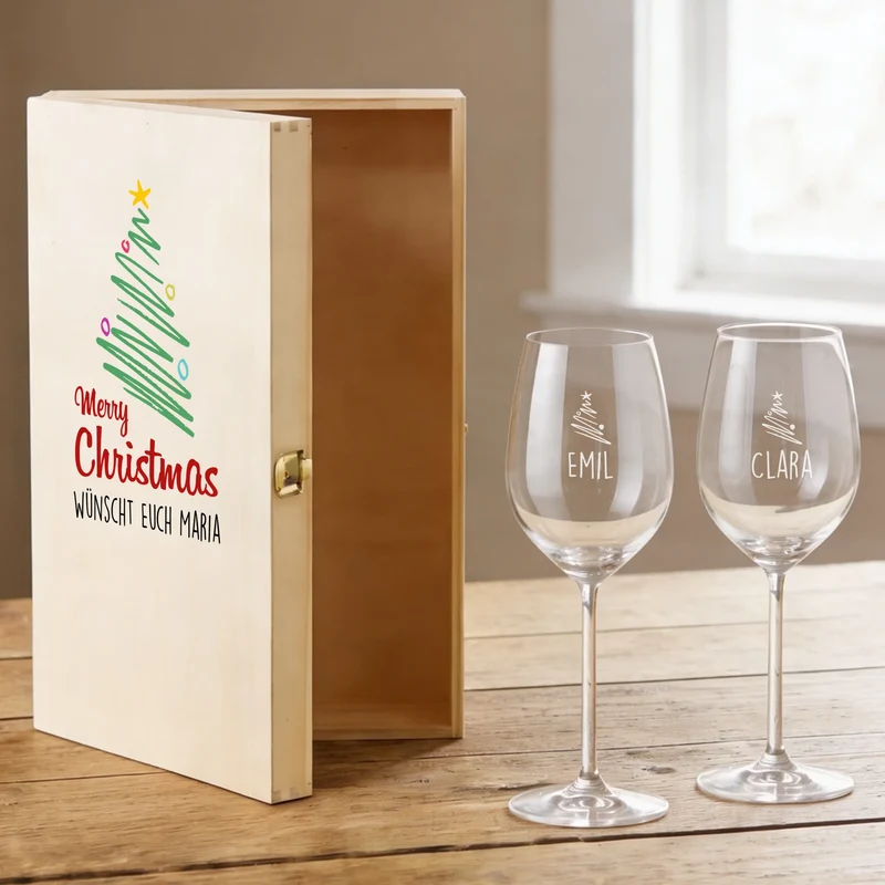 Bree-Weinset als Geschenk zu Weihnachten mit Gläsern und Holzbox