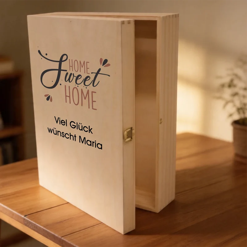 Bree-Weinset zum Einzug mit Holzkiste und Gläsern mit deinem Text personalisiert