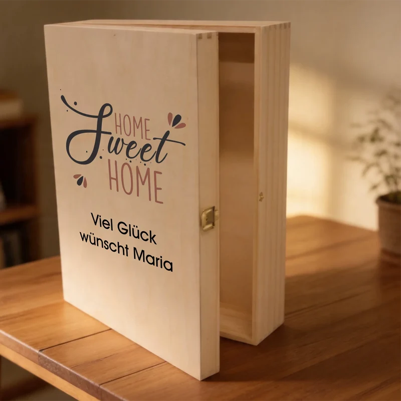 Bree-Weinset zum Einzug mit Holzkiste und Gläsern mit deinem Text personalisiert