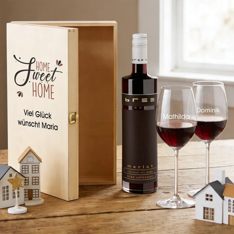 Bree-Weinset zum Einzug mit Holzkiste und Gläsern mit deinem Text personalisiert