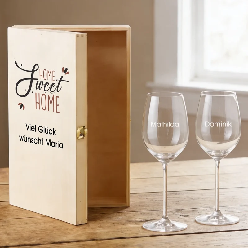 Bree-Weinset zum Einzug mit Holzkiste und Gläsern mit deinem Text personalisiert