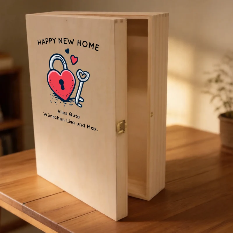 Bree-Weinset als Geschenk zum Einzug mit bedruckter Holzkiste und gravierten Gläsern