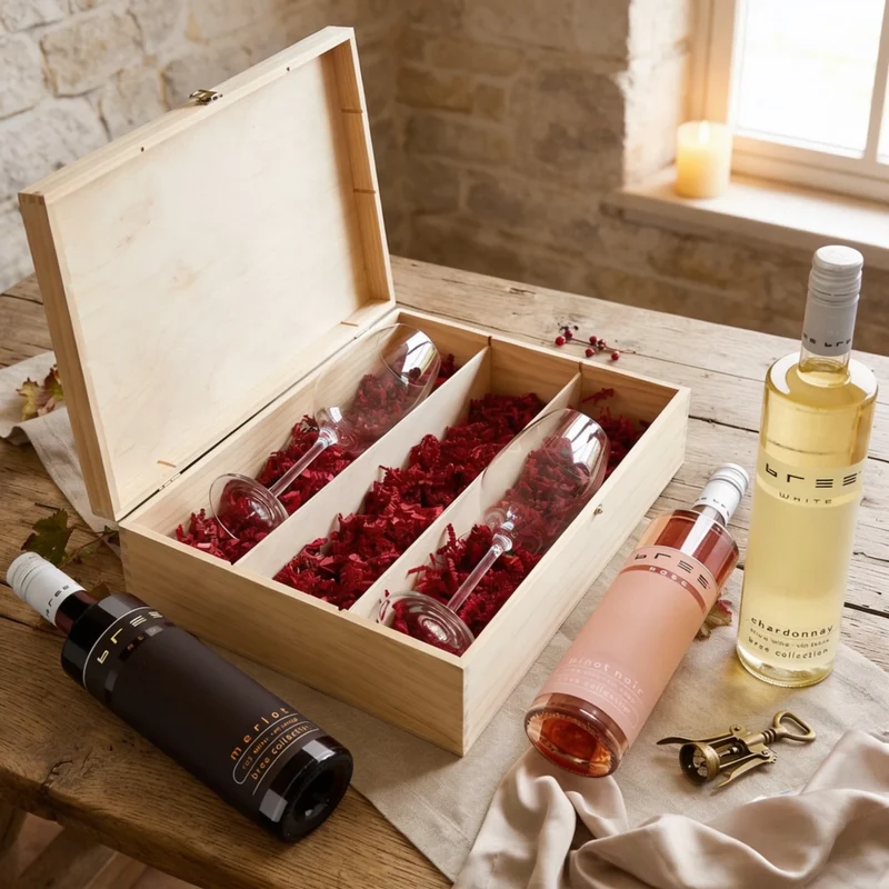Bree-Weinset als Geschenk zum Einzug mit bedruckter Holzkiste und gravierten Gläsern