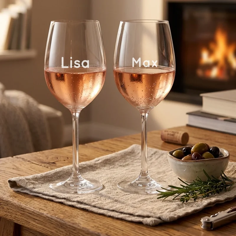 Bree-Weinset als Geschenk zum Einzug mit bedruckter Holzkiste und gravierten Gläsern