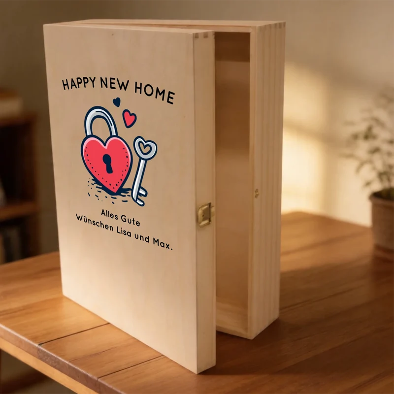 Bree-Weinset als Geschenk zum Einzug mit bedruckter Holzkiste und gravierten Gläsern