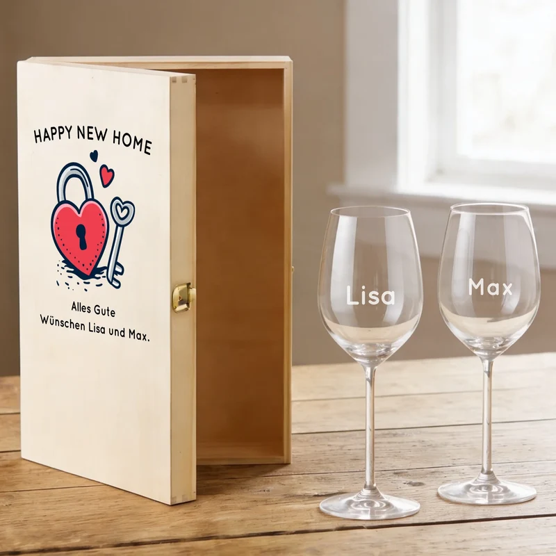Bree-Weinset als Geschenk zum Einzug mit bedruckter Holzkiste und gravierten Gläsern