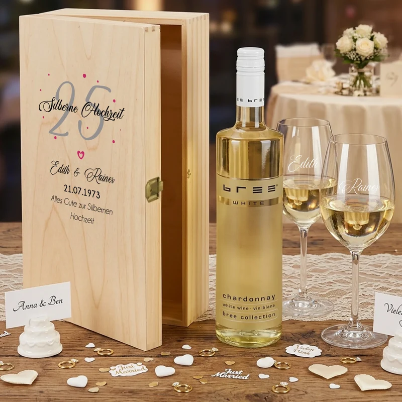Weingeschenk Silberhochzeit mit bedruckter Holzkiste und gravierten Gläsern