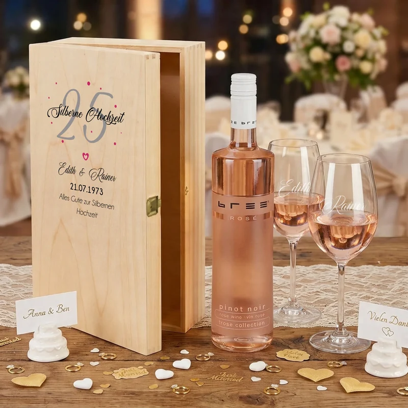 Weingeschenk Silberhochzeit mit bedruckter Holzkiste und gravierten Gläsern