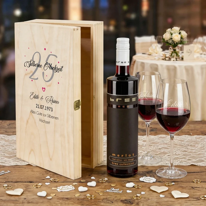Weingeschenk Silberhochzeit mit bedruckter Holzkiste und gravierten Gläsern